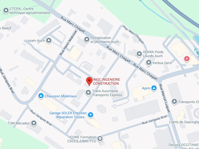 INGC Construction : Localisation et plan d'accès à Auch Plan détaillé montrant INGC INGENIERIE CONSTRUCTION situé entre Rue Marc Chagall et Rue Jacques Brel, près de Loxam Auch et Chausson Matériaux.