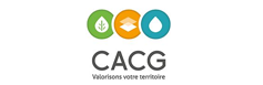 CACG | Valoriser votre territoire avec la gestion de l'eau. Logo CACG : trois icônes (nature, couches, eau) en cercles vert, orange et bleu. Slogan "Valorisons votre territoire".